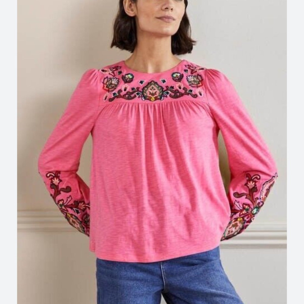 Boden Pink Embroidered Women's Soft Jersey Top with Blouson Sleeves SIZE 8